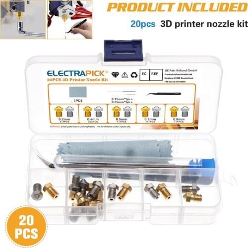 20pcs Brass Nozzle 0.2/0.4/0.5/0.6/0.8mm Extruder Print Head Nozzle For 1.75mm CR-10 MK8 3D Printer Accessories w/ Cleaner Tools