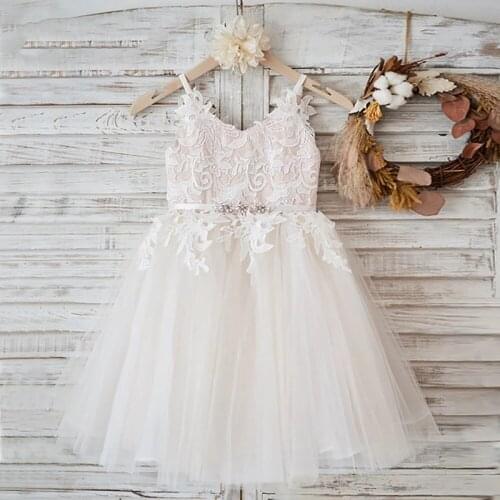 White Lace Flower Girl Dresses Vneck Sash Tulle Pageant First Communion Dresses Prom Ball Gown Princess Baby Girl Party Dresses