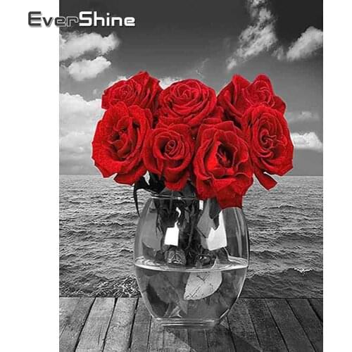 EverShine Diamond Painting Rose Cross Stitch Diamond Embroidery Flowers Rhinestones Art Black And Red Home Decor Mosaic Kits