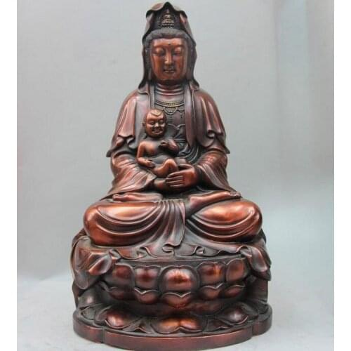 China Copper Bronze Temple Lotus Boy SongZi Guanyin Kwan-yin Bodhisattva Statue