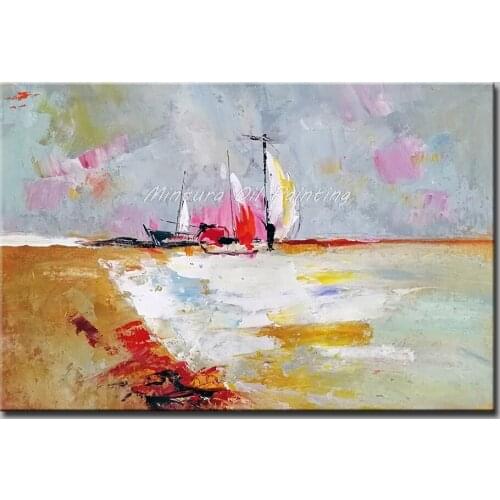 Mintura 100% Handmade Modern Abstract Wall Art Canvas A Sailboat Moored at The Seashore Oil Paintings for living room No Framed