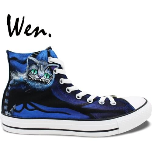 Wen Men Skateboarding Shoes Design Custom Hand Painted Cheshire Cat Canvas Sneakers High Top Women Platform Lace up Plimsolls