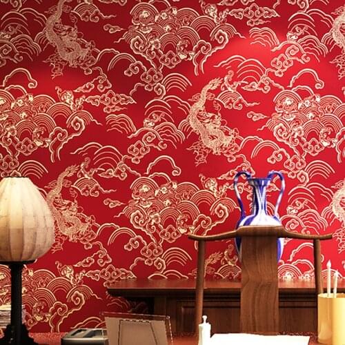 Chinese Red Wallpaper Dragon Pattern Chinese Style Classical Zen Teahouse Teahouse Restaurant Small Restaurant Decoration Wallpa