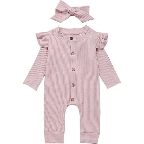 Lovely New Newborn Baby Girl Boy Striped Romper Solid Striped Ruffle Long SLeeve Jumpsuit Headband Button Outfit Autumn Clothes