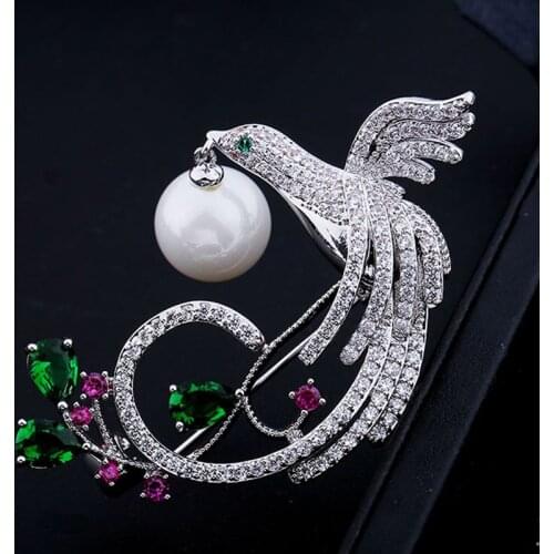 Luxury brand pave Zircon Phoenix Brooches Jewelry For Women Bridal Accessory Perfect Pearl Copper Hijab Pins Brooch And Pendant