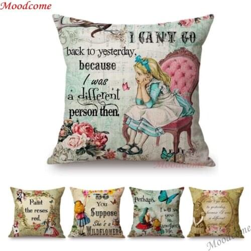 Vintage Alice in Wonderland Cartoon Letters Print Home Decorative Sofa Throw Pillow Case Cotton Linen Kids Art Cushion Cover
