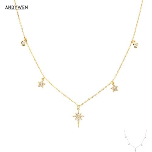 ANDYWEN 925 Sterling Silver Clear Snowflower Star Charm Zircon Pendant Long Chain Choker Necklace 2021 Wedding Jewelry Gift