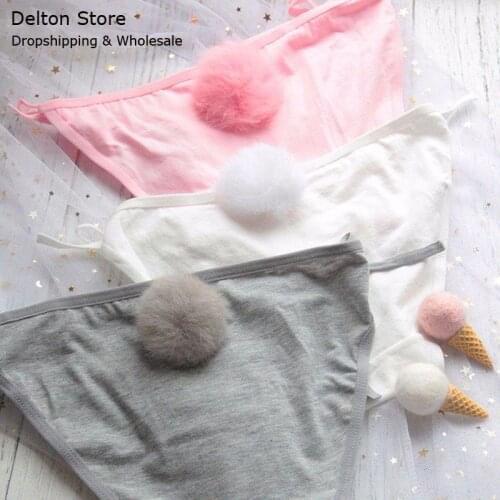 Sexy Women Cotton Panties Side Tie Close Panties with Cute 3D Rabbit Tail Seamless Panties Briefs Kawaii Lingerie Underwear Gift