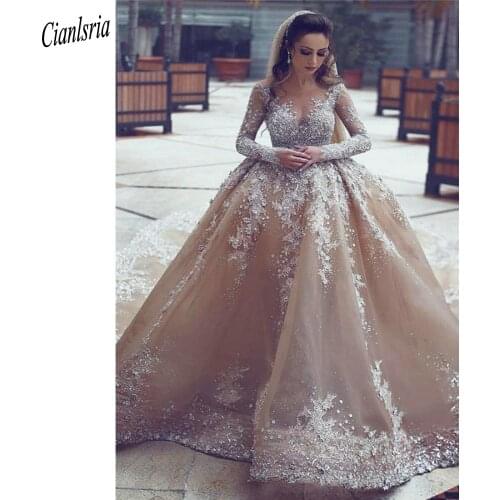 Gold Illusion Open Back Long Sleeve Dubai Arabic Ball Gown Wedding Dress Beading Crystal Floral Appliques Lace Bridal Gown