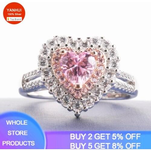 YANHUI Silver 925 Rings For Women Princess Propose Marriage Pink Heart Cubic Zirconia Ring Romantic Bridal Wedding Bijoux R283