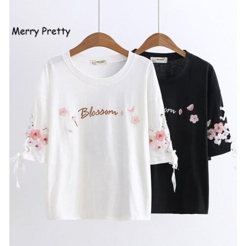 Merry Pretty Funny Tshirt Women Letter Floral Embroidery Lace Up Short Sleeve T-shirt Cotton White Black Sweet T Shirt Female