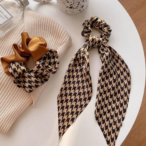 Women Girls Ribbon Bowknot Elastic Hair Bands Houndstooth Printing Scrunchies Patchwork Headband Hair Ties Ponytail Holder Hair
