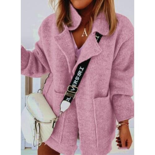 Womens Elegant Knitted Sweater Cardigan Jacket Autumn Lapel Tops Retro Warm Pocket Long Sleeve Jacket Top 2021 Black Cardigan