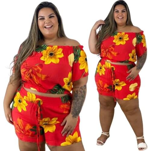 Casual Floral Print Women Twi Piece Sets 2021 Summer Latest Slash Neck Crop Tops High Waist Lace-up Mini Shorts Fashion Outfits