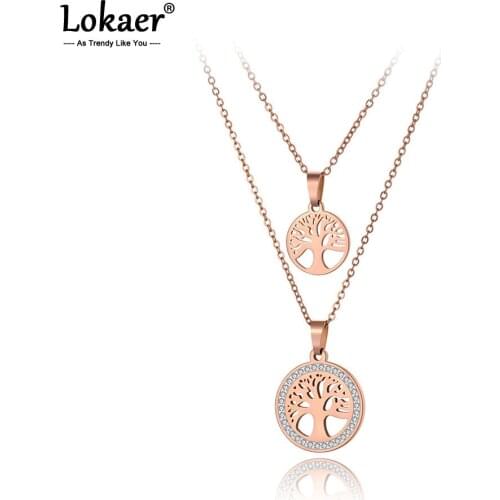 Lokaer Trendy Bohemia Stainless Steel Double-layer CZ Crystal Tree Charm Choker Necklace Beach Pendant Necklace For Women N19215