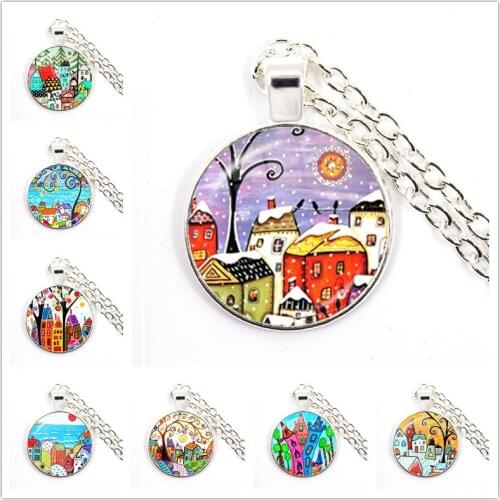 Colorful Painting Town City Bulidings Women Necklaces Abstract Oil Painting House Glass Cabochon Pendant Necklace Jewelry Gift