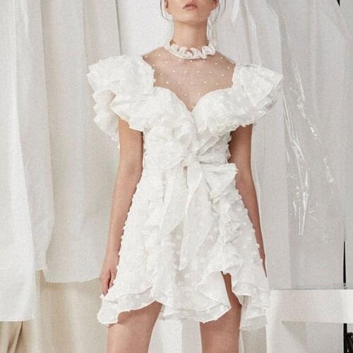 AC High Quality 2019 Sweet White Waist Defined Mesh Ruffle Lace Spliced Women Mini Dress