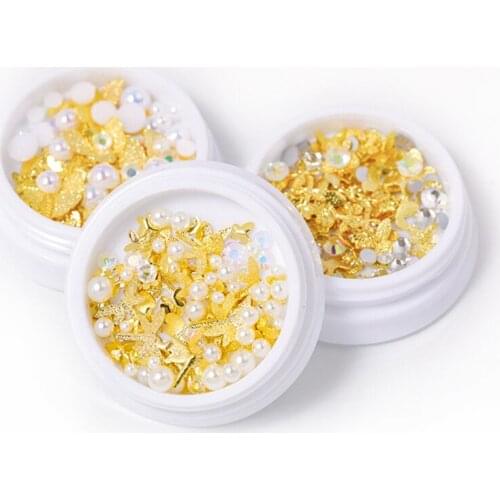 1 Box 3D Nail Art Rhinestones Mixed Rivet Butterfly Pearl Stud Bead Shell Tips UV Gel Nails Art Decorations Accessories Tool