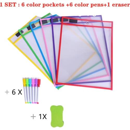 6PCS Reusable PP File Dry Erase Pockets with Pen Transparent Write and Wipe Drawing Whiteboard Markers for Teaching Supplies