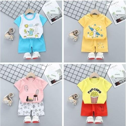 Childrens Short Leisure Suit Boys And Girls Cartoon Printed Short Sleeve Shorts Summer Childrens Wear