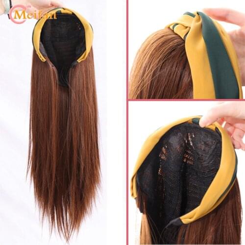 MEIFAN Long Straight Curly 3/4 Half Head Wigs Hairpieces with HairbandClip in Hair Extensions Synthetic Natural Fake Hair Pieces