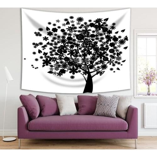 Tapestry Floral Tree Silhouette Leaves Flowers Fairy Forest Black and White Nature Themed Artistic Home Decor