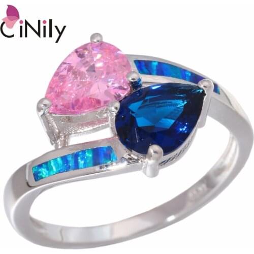CiNily Created Blue Fire Opal Blue Pink Stone Silver Plated Wholesale Fahion Jewelry for Women Christmas Gift Ring Sz 6-9 OJ9230