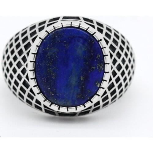 Lapis Stone Ring for Men Vintage Sterling Silver 925 Blue Gemstone Geometric Grid Design Retro Rings Turkish Handmade Jewelry