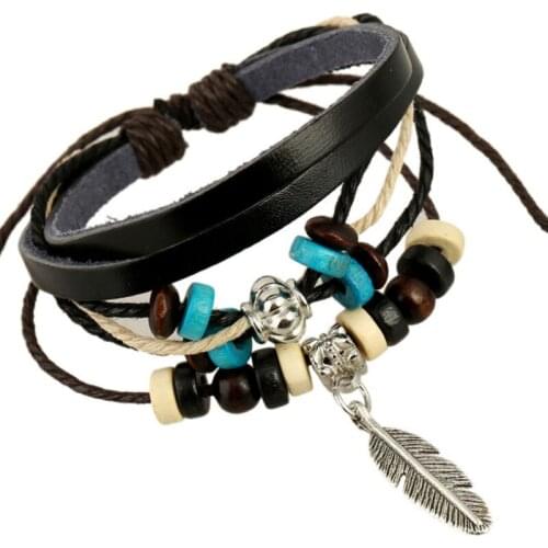 Fashion Hand-woven Feather Charm Pendant Leather Bracelet Wristband Link Beads Braided Surfer Belt Cuff Bangle Wrap Jewelry Gift