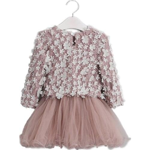 Girl’s Fashion Mesh Yarn Stitching Dress Fresh Three-dimensional Petals Dress Princess Party Gown Long sleeve Floral Tutu Dress