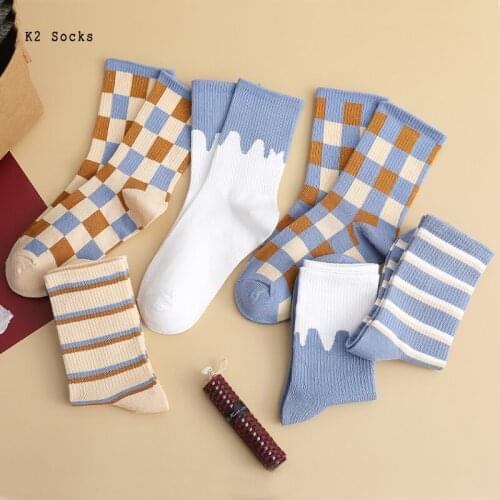 New Fashion Ins Striped Women Socks Cotton Kawaii Harajuku Blue Plaid Dropshipping Comfortable Funny Happy Soft Girls Sockings