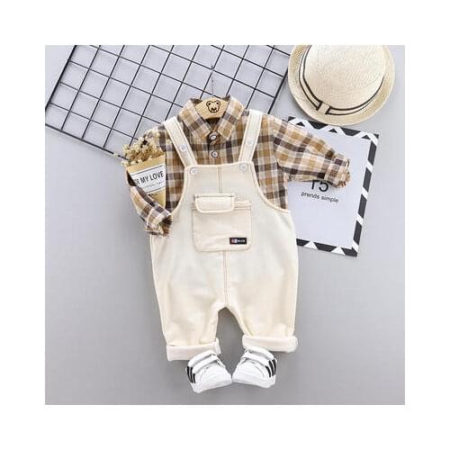 2019 autumn fashion boys girls suits Korean new childrens clothing infants Kids plaid long-sleeved shirt bib romper pants