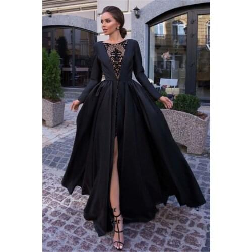 Sevintage Black A Line Simple Women Prom Dresses Lace Satin Formal Evening Party Gowns Front Split Long Sleeve vestido de noche