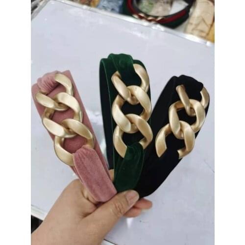 Japan and South Korea simple corduroy metal chain headband net red female black wide-brimmed headband go out wild headdress