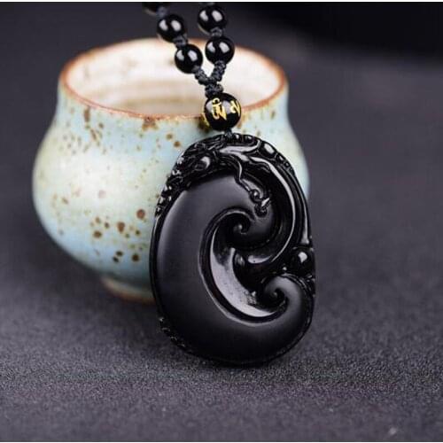 Fine Jewelry Natural Obsidian Carved Ruyi Lucky Amulet Blessing Charm Pendants Necklace Women Men