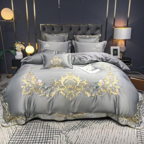 Silver Gray Luxury Satin Silk Cotton Flowers Gold Embroidery Bedding Set Double Duvet Cover Bed Linen Pillowcases Home Textile