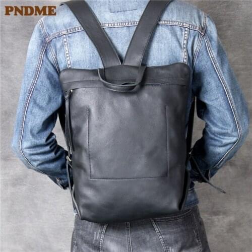 Luxury genuine leather minimalist mens backpack casual simple soft first layer cowhide womens travel black backpack bookbag