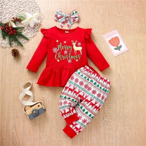 Baby Girls Infant Christmas Outfits Toddler Letter Deer Print Fly Sleeve O-Neck Pullover+Pants+Bow Headband Baby Clothing Sets