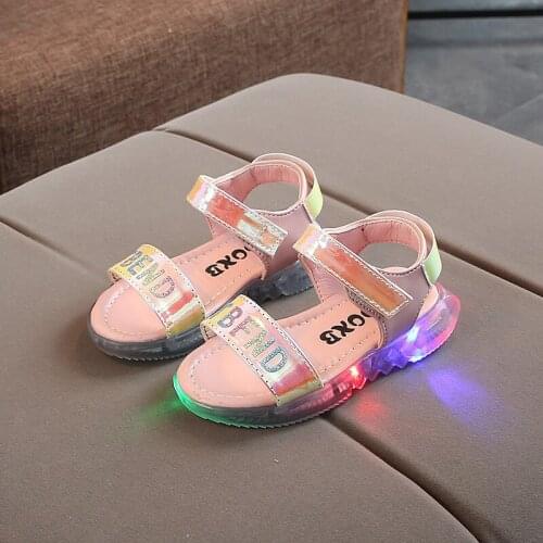 2021 Size 21-30 Baby Toddler Girls Summer Shoes Children Sandals With Light Up Breathable Soft Bow Kids Girls Beach Sandals
