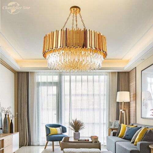 Modern Crystal Chandeliers Lighting Round Gold LED Lustre Stainless Steel Hanging Lights for Living Room Bedroom Dining Room