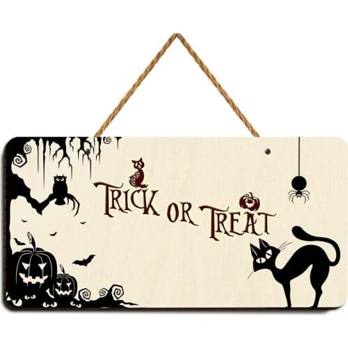 Thick or Treat Halloween Black Cat Plaque Pumpkin Sign Witch Wall Door Plate Hanging Sign Hotel Home Decoration