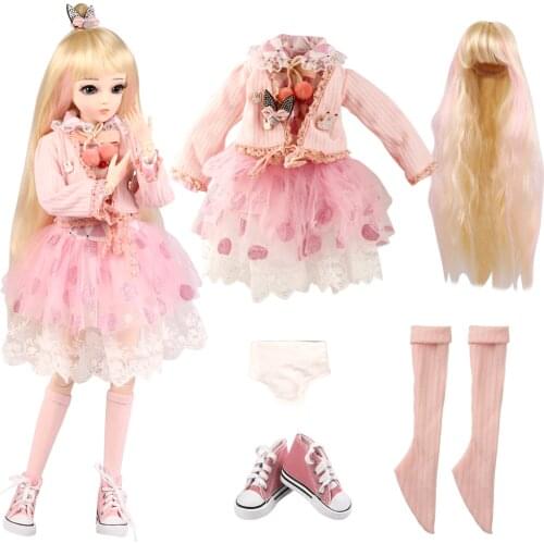 UCanaan 1/3 BJD Dolls Outfits Pink Dress Stocking Shoes Wigs Toys Accessories For 60CM Doll