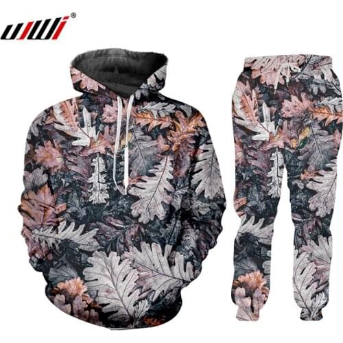 UJWI 2020 Autumn Winter New Mens Suit Sportswear 2-piece Hoodie + Pants Jogging Fallen Leaves Sportswear Track Suit Plus Size