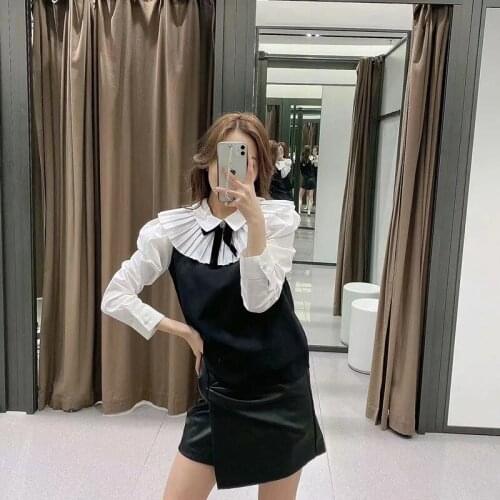 Ladies new long-sleeved bowknot shirt college style student blouse stitching casual top