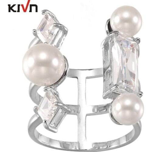 Womens fashion Jewelry Pearl Rings CZ Cubic Zirconia Bridal Engagement Rings for Girls Promotion Christmas Birthday Gifts