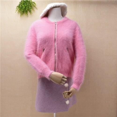 Ladies women fashion sweet pink short style crop top mink cashmere knitted zipper loose cardigans angora rabbit fur jacket coat