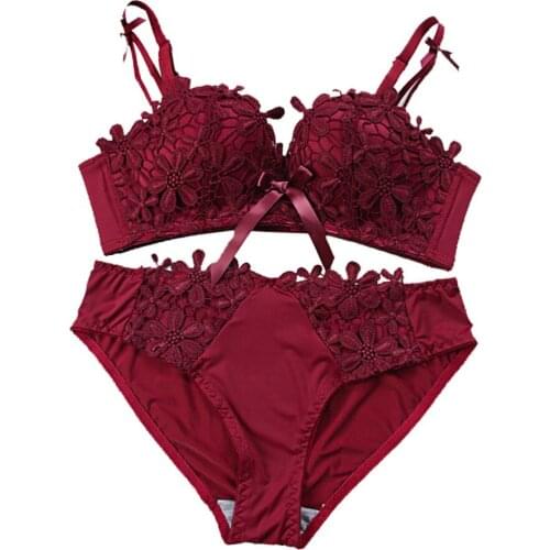 Women Sexy lace Delicate Floral Bow wireless push up bra +underwear set