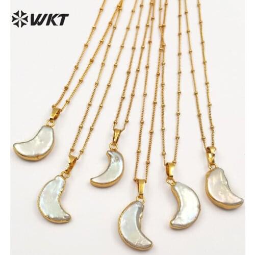 WT-JN033 WKT fashion women jewelry natural pearl necklaces mini moon shape pendant with gold color plated wohesale 10pcs/lot