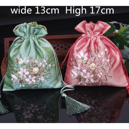 Tassel Large Satin Jewelry Pouch Gift Bag Handmade Ribbon Embroidery Drawstring Empty Sachet Bag Fabric Packaging Bags 10pcs/lot