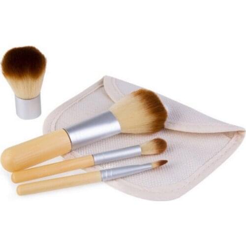 4Pcs/set Eco Friendly Bamboo Short Handle High Quality Small Professional Face Beauty Makeup Cosmetic Brush Kit Tool With Bag